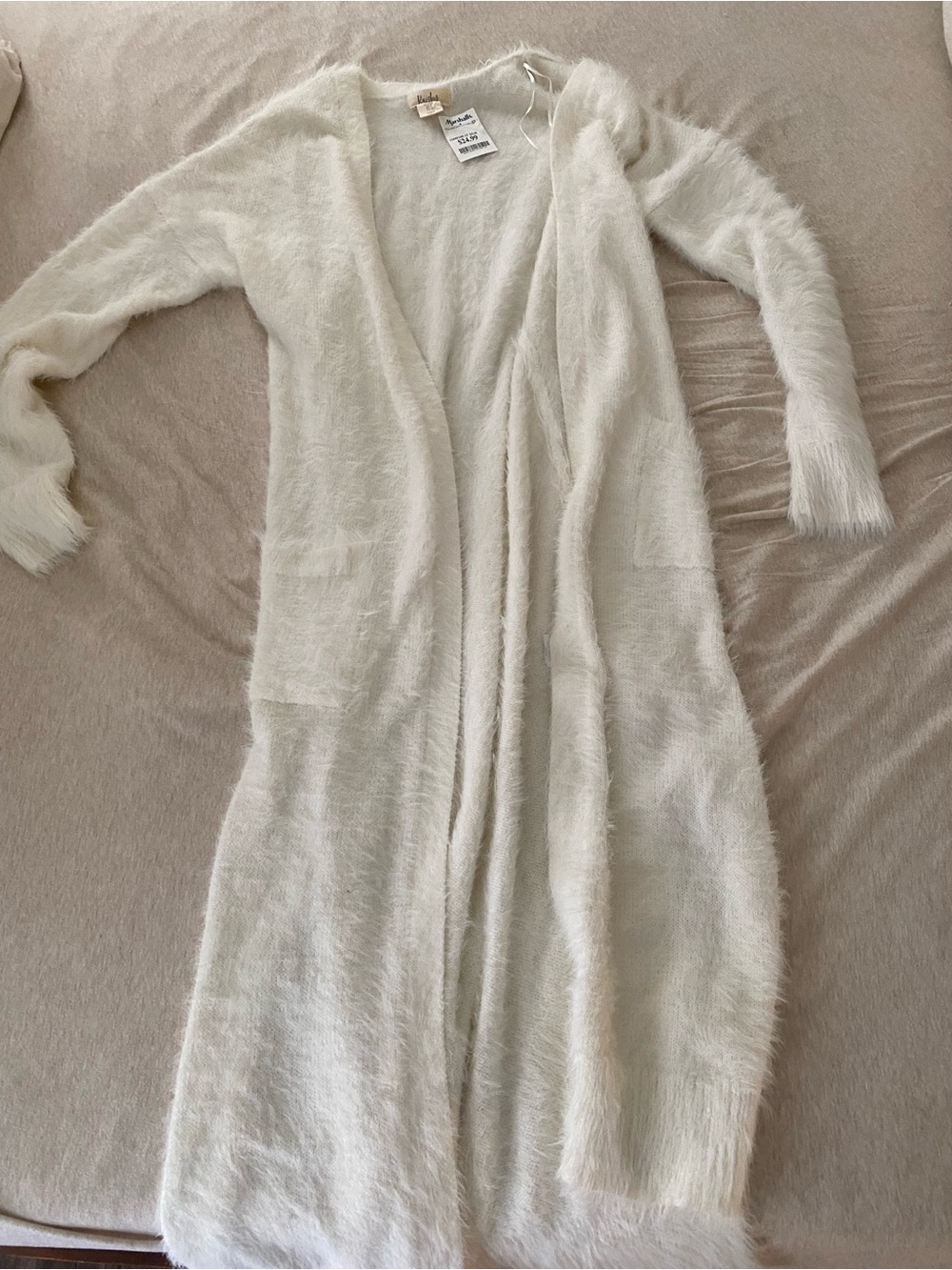 Kaisely Ivory Fuzzy Open-Front Long Cardigan